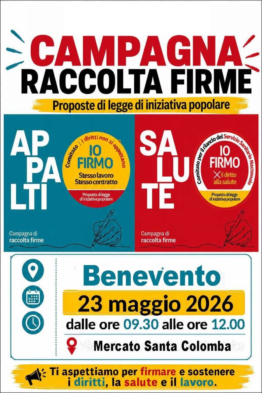 Al via la campagna di raccolta firme a Benevento e provincia per lavoro e salute: Difendiamo i nostri diritti! Al via la campagna di raccolta firme a Benevento e provincia per lavoro e salute: Difendiamo i nostri diritti!