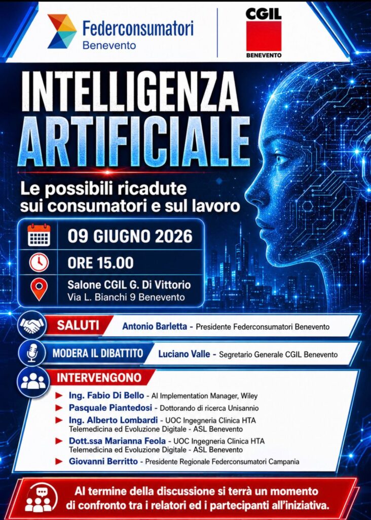 Intelligenza Artificiale e futuro: a Benevento il convegno di Federconsumatori e CGIL sulle ricadute per lavoro e consumatori