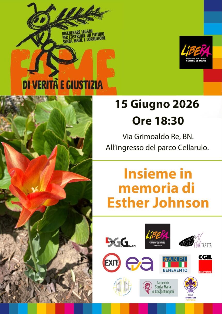 Benevento si stringe nel ricordo oggi l'incontro Insieme in memoria di Esther Johnson al Parco Cellarulo Benevento si stringe nel ricordo: oggi l'incontro "Insieme in memoria di Esther Johnson" al Parco Cellarulo
